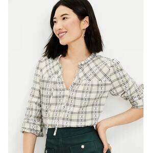 LOFT Plaid Ruffle Tie Front Long Sleeve Blouse Size S